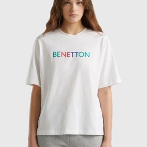 Women's white round neck short sleeve T-shirt with Benetton print